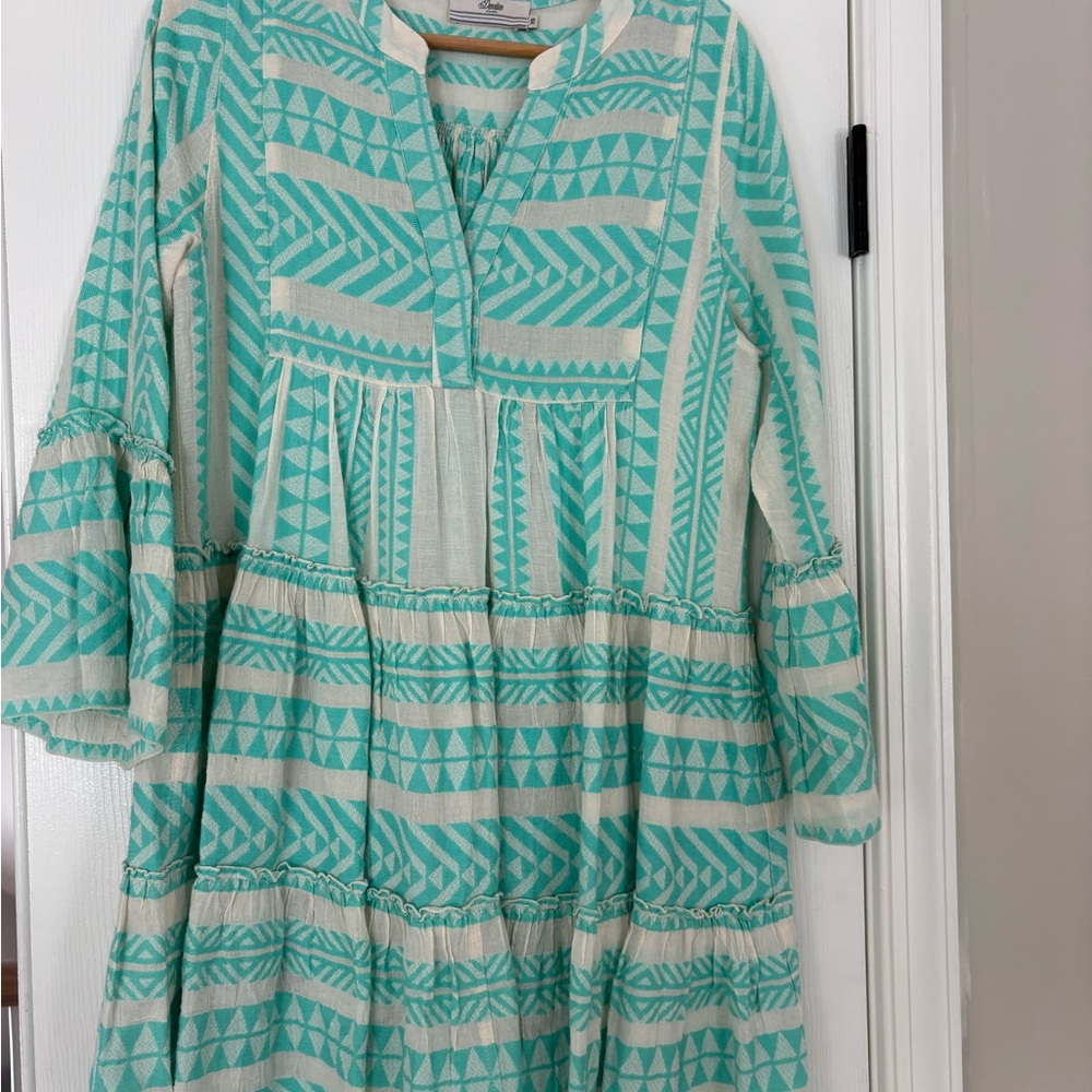 Devotion Twins Patterned Teal and Cream Dress